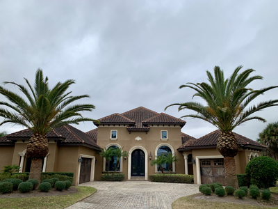 Mediterranean-style Florida home with two tall palms, clipped shrubs and a neat front lawn